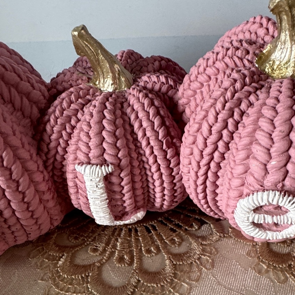 Harvest Pink Knitted Pumpkins Decor (resin) - Picture 6 of 11